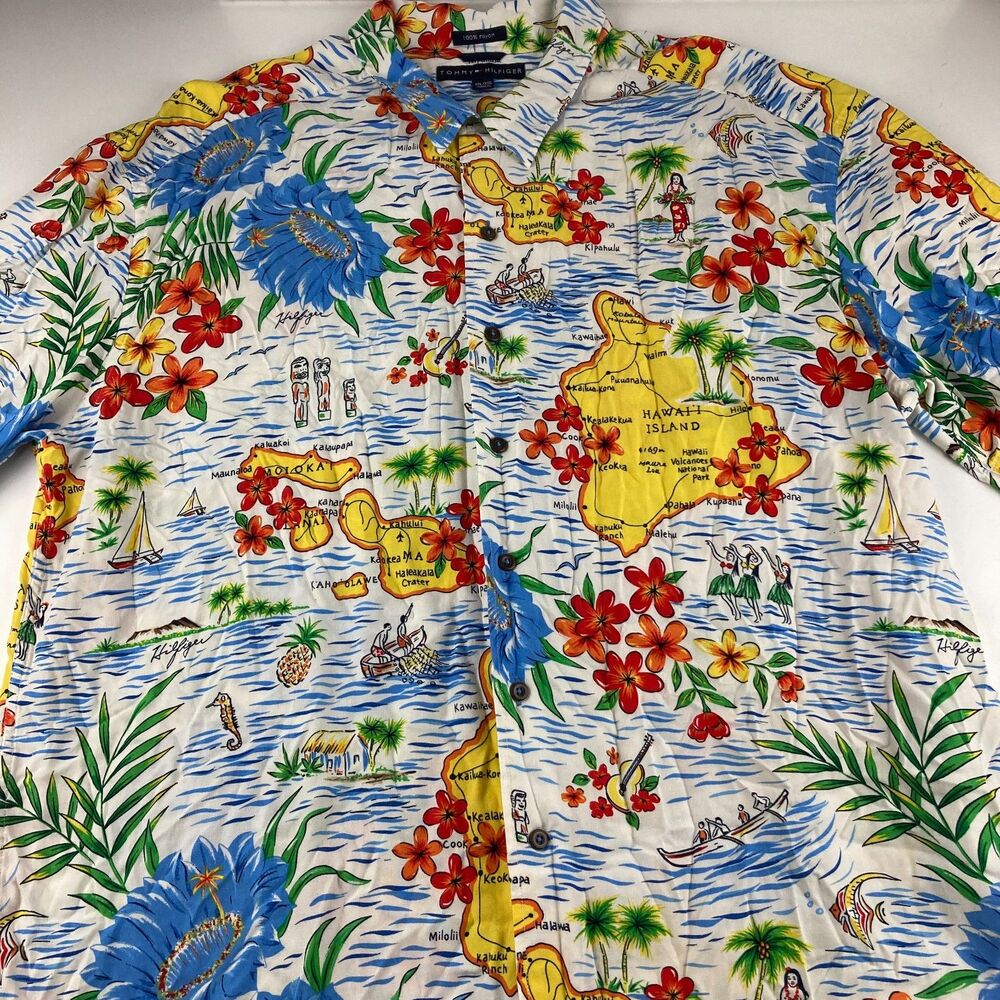 Vintage 2004 Tommy Hilfiger Hawaiian Shirt XXL Hawaii Map Rayon Aloha Floral